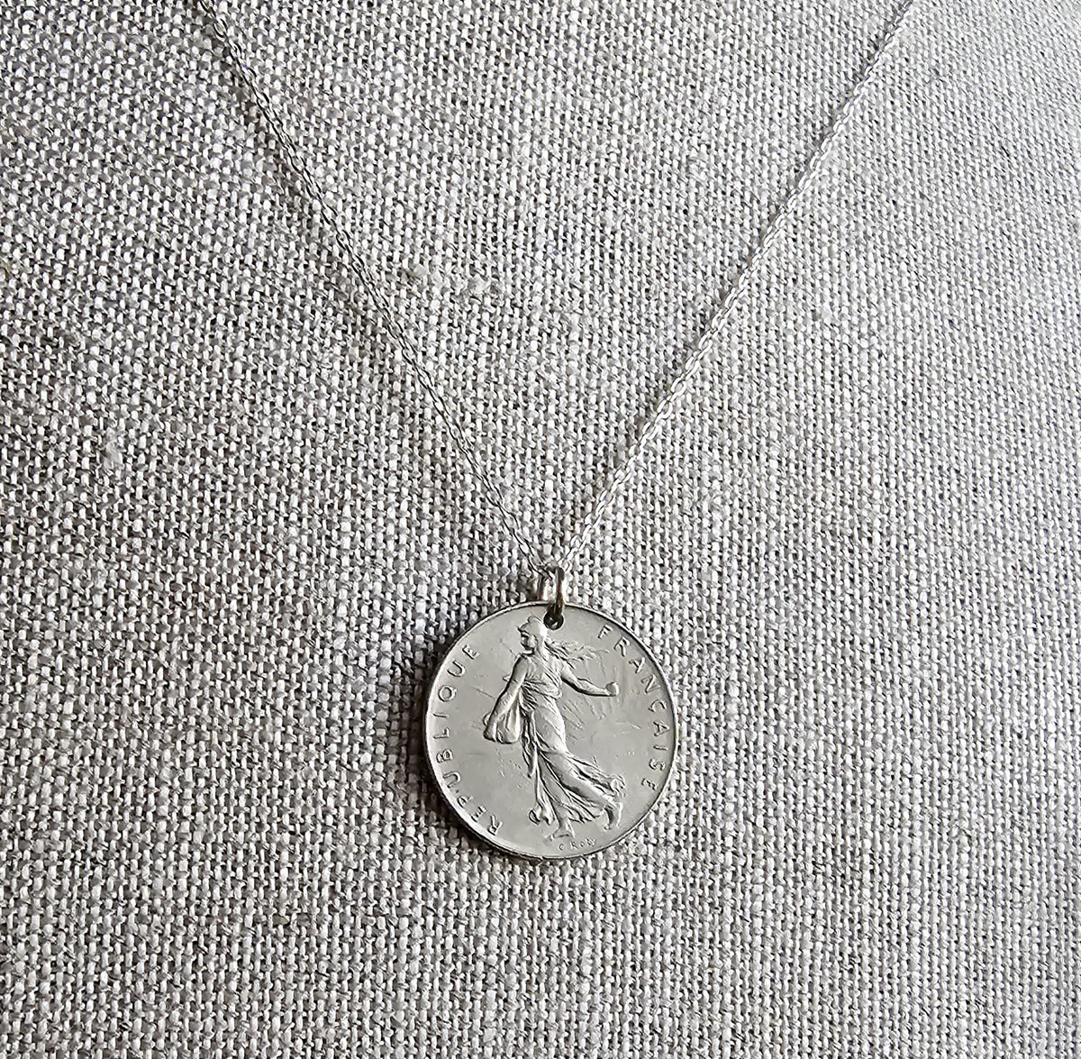 Vintage French Coin Necklace, 925 Sterling Silver Chain, 1 Franc Sower, Woman, Sunrise, Old France Currency, Made in USA, E. Ria Designs