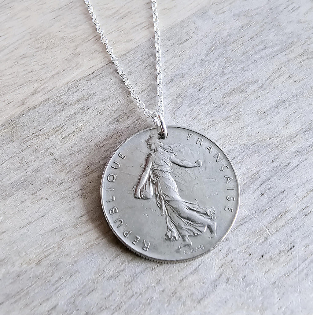 Vintage French Coin Necklace, 925 Sterling Silver Chain, 1 Franc Sower, Woman, Sunrise, Old France Currency, Made in USA, E. Ria Designs