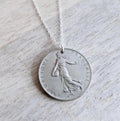 Vintage French Coin Necklace, 925 Sterling Silver Chain, 1 Franc Sower, Woman, Sunrise, Old France Currency, Made in USA, E. Ria Designs