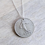 Vintage French Coin Necklace, 925 Sterling Silver Chain, 1 Franc Sower, Woman, Sunrise, Old France Currency, Made in USA, E. Ria Designs