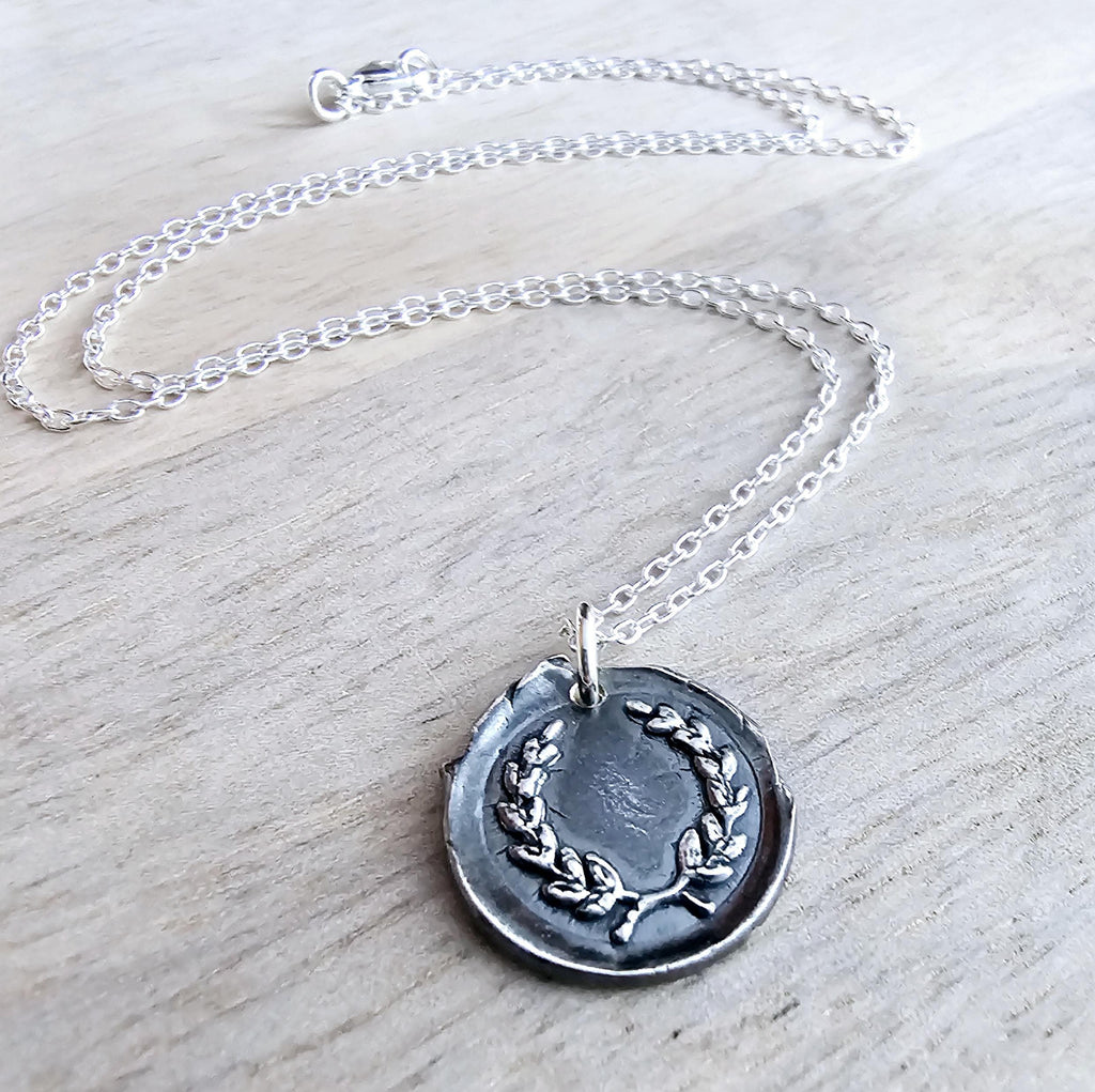 Laurel Wreath Wax Seal .999 Fine Silver Charm Necklace, Chunky Oxidized Pendant, Anniversary or Birthday Gift Boxed, Hand Crafted in USA
