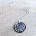 Laurel Wreath Wax Seal .999 Fine Silver Charm Necklace, Chunky Oxidized Pendant, Anniversary or Birthday Gift Boxed, Hand Crafted in USA