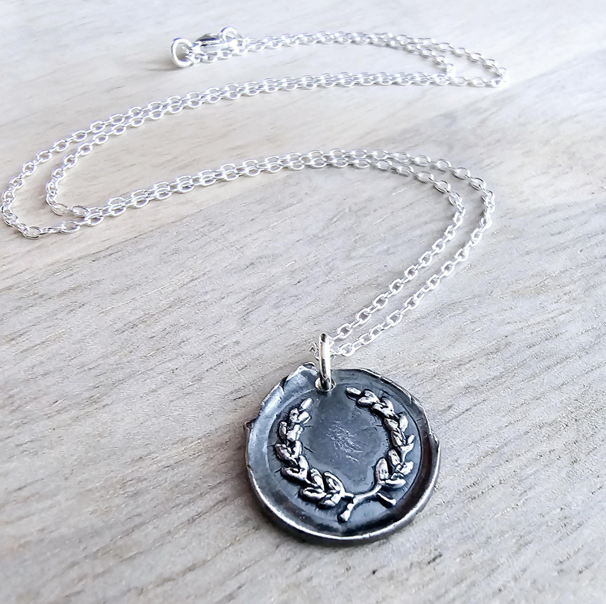 Laurel Wreath Wax Seal .999 Fine Silver Charm Necklace, Chunky Oxidized Pendant, Anniversary or Birthday Gift Boxed, Hand Crafted in USA