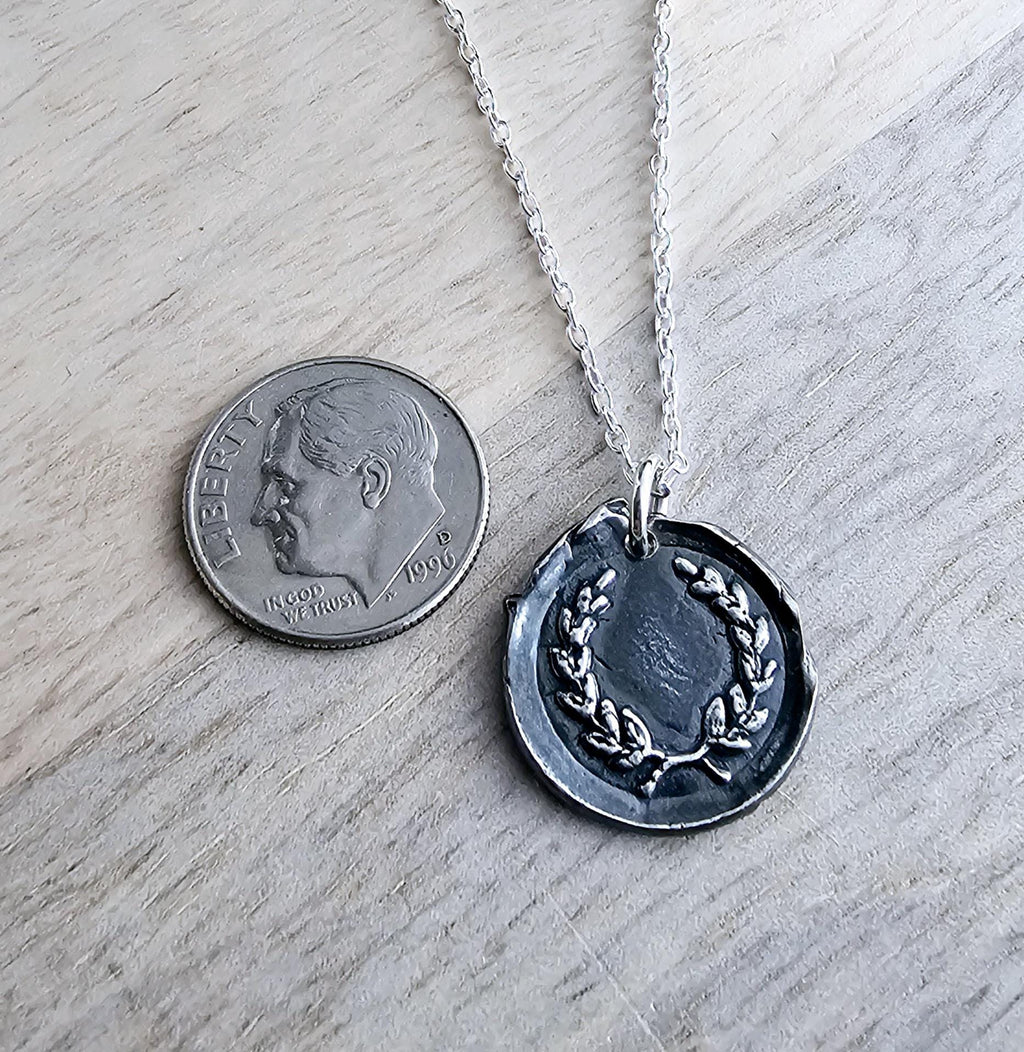 Laurel Wreath Wax Seal .999 Fine Silver Charm Necklace, Chunky Oxidized Pendant, Anniversary or Birthday Gift Boxed, Hand Crafted in USA