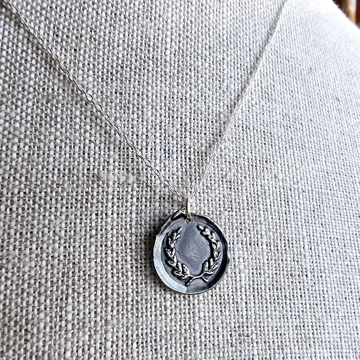 Laurel Wreath Wax Seal .999 Fine Silver Charm Necklace, Chunky Oxidized Pendant, Anniversary or Birthday Gift Boxed, Hand Crafted in USA