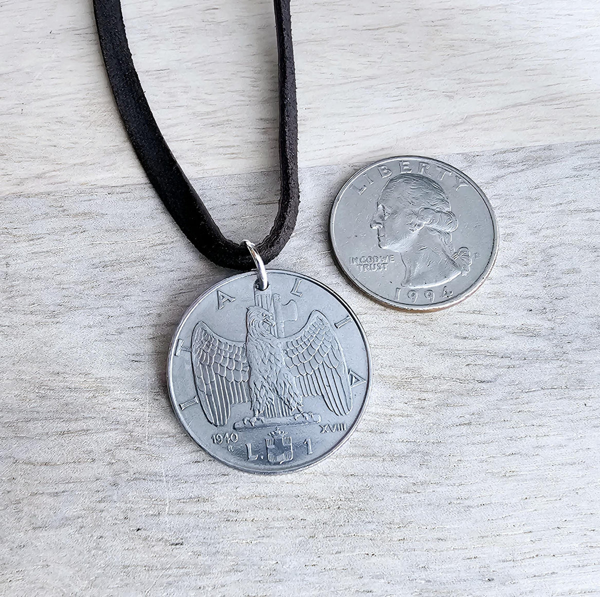 Old Italia Coin Necklace, Genuine Italy 1 Lira, Italian 1940 Eagle, Brown Deerskin Leather, Sterling Silver Clasp, Gift Boxed, E Ria Designs
