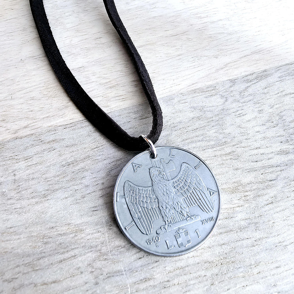 Old Italia Coin Necklace, Genuine Italy 1 Lira, Italian 1940 Eagle, Brown Deerskin Leather, Sterling Silver Clasp, Gift Boxed, E Ria Designs