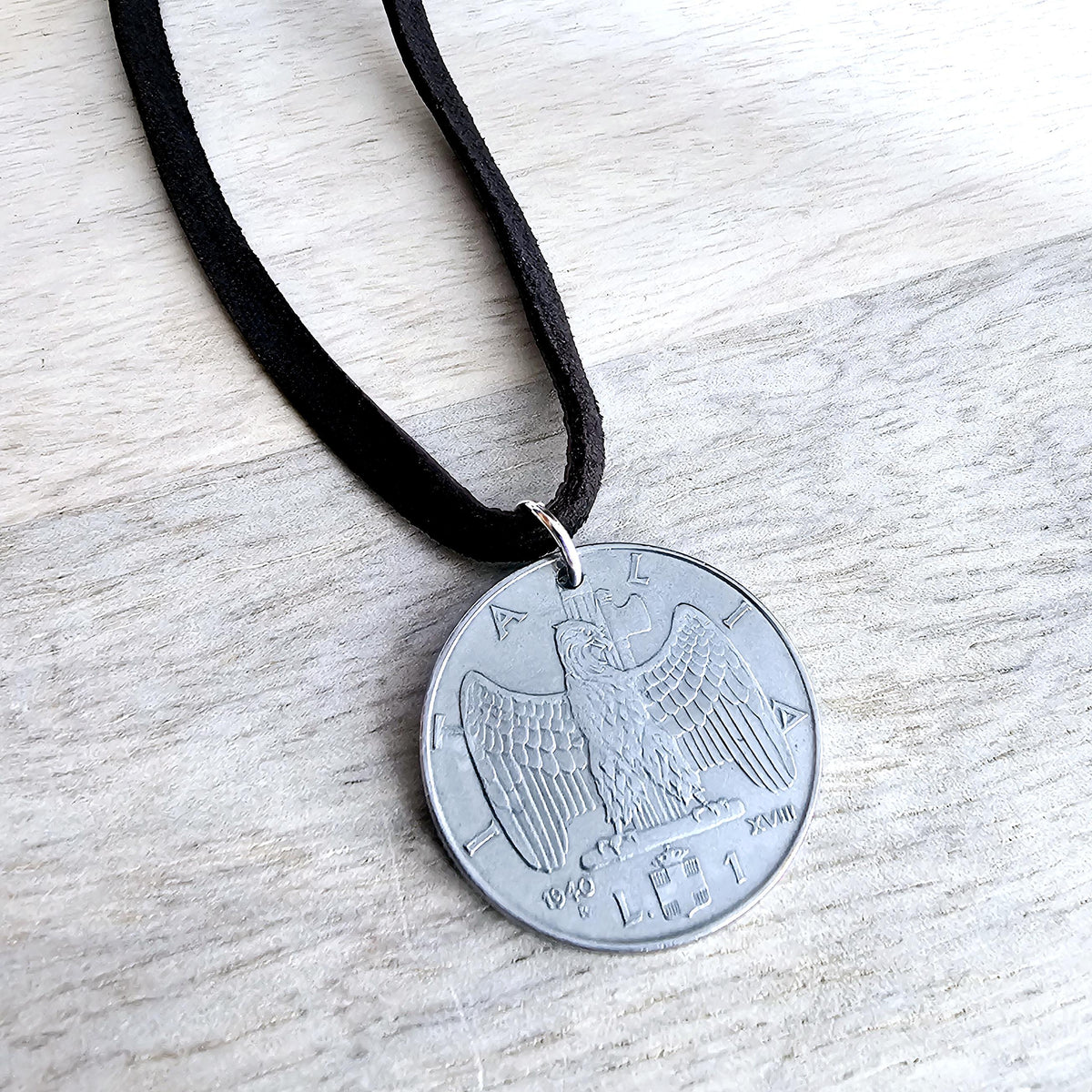 Old Italia Coin Necklace, Genuine Italy 1 Lira, Italian 1940 Eagle, Brown Deerskin Leather, Sterling Silver Clasp, Gift Boxed, E Ria Designs