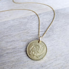 1983 Cyprus Coin Necklace, Stylized Bird, Leaf, 18 Inch 12K Gold Filled Chain, Made in USA by E. Ria Designs, Gift Boxed
