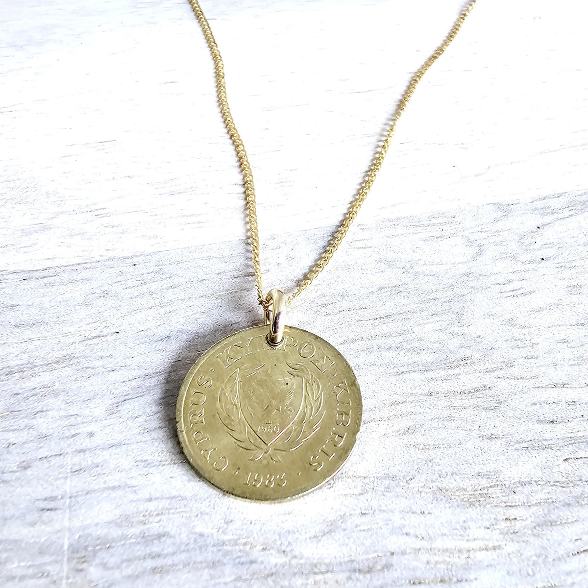 1983 Cyprus Coin Necklace, Stylized Bird, Leaf, 18 Inch 12K Gold Filled Chain, Made in USA by E. Ria Designs, Gift Boxed