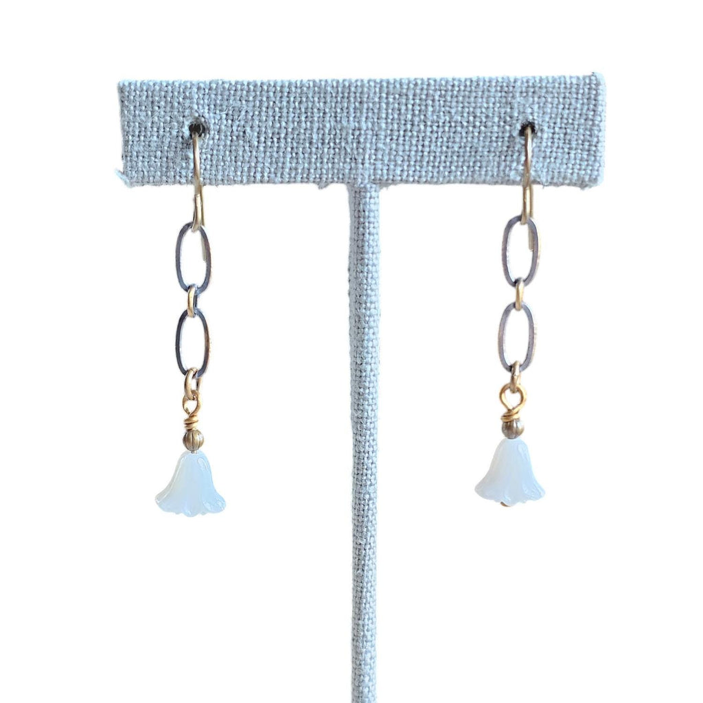 White Floral Czech Glass Earrings, Antiqued (Oxidized) U.S. Made Brass Ear Wire, Chain, Milky White Flower Beads, Gift Boxed, Made in USA