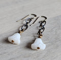 White Floral Czech Glass Earrings, Antiqued (Oxidized) U.S. Made Brass Ear Wire, Chain, Milky White Flower Beads, Gift Boxed, Made in USA