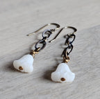 White Floral Czech Glass Earrings, Antiqued (Oxidized) U.S. Made Brass Ear Wire, Chain, Milky White Flower Beads, Gift Boxed, Made in USA