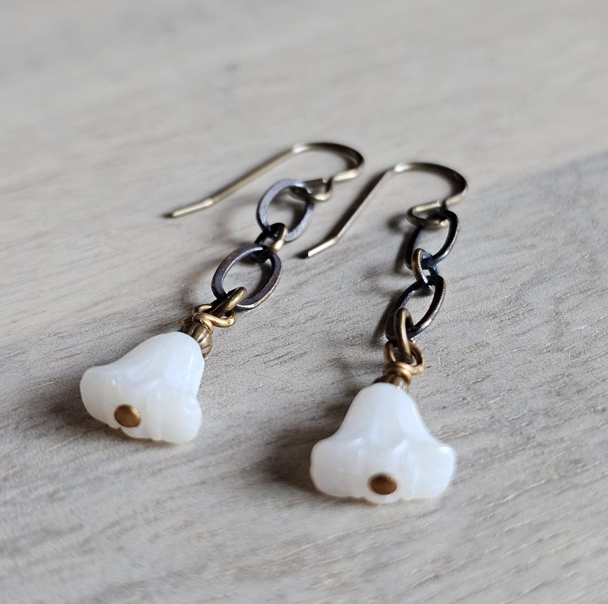 White Floral Czech Glass Earrings, Antiqued (Oxidized) U.S. Made Brass Ear Wire, Chain, Milky White Flower Beads, Gift Boxed, Made in USA