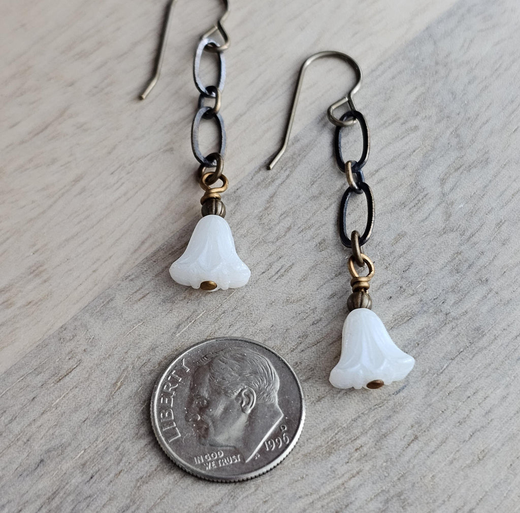 White Floral Czech Glass Earrings, Antiqued (Oxidized) U.S. Made Brass Ear Wire, Chain, Milky White Flower Beads, Gift Boxed, Made in USA