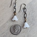 White Floral Czech Glass Earrings, Antiqued (Oxidized) U.S. Made Brass Ear Wire, Chain, Milky White Flower Beads, Gift Boxed, Made in USA