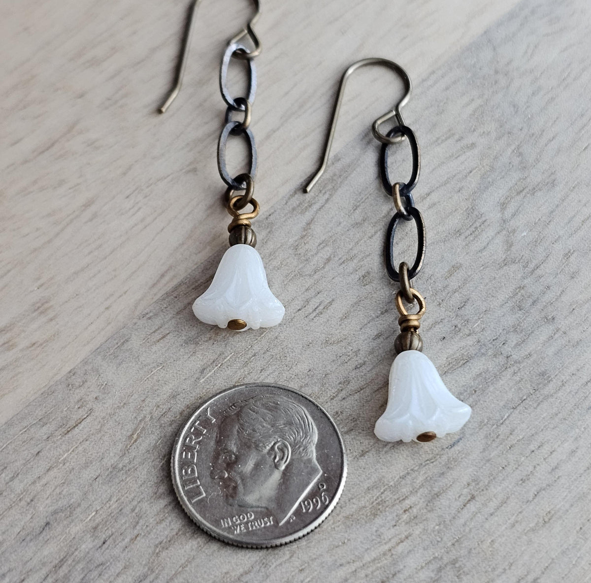 White Floral Czech Glass Earrings, Antiqued (Oxidized) U.S. Made Brass Ear Wire, Chain, Milky White Flower Beads, Gift Boxed, Made in USA