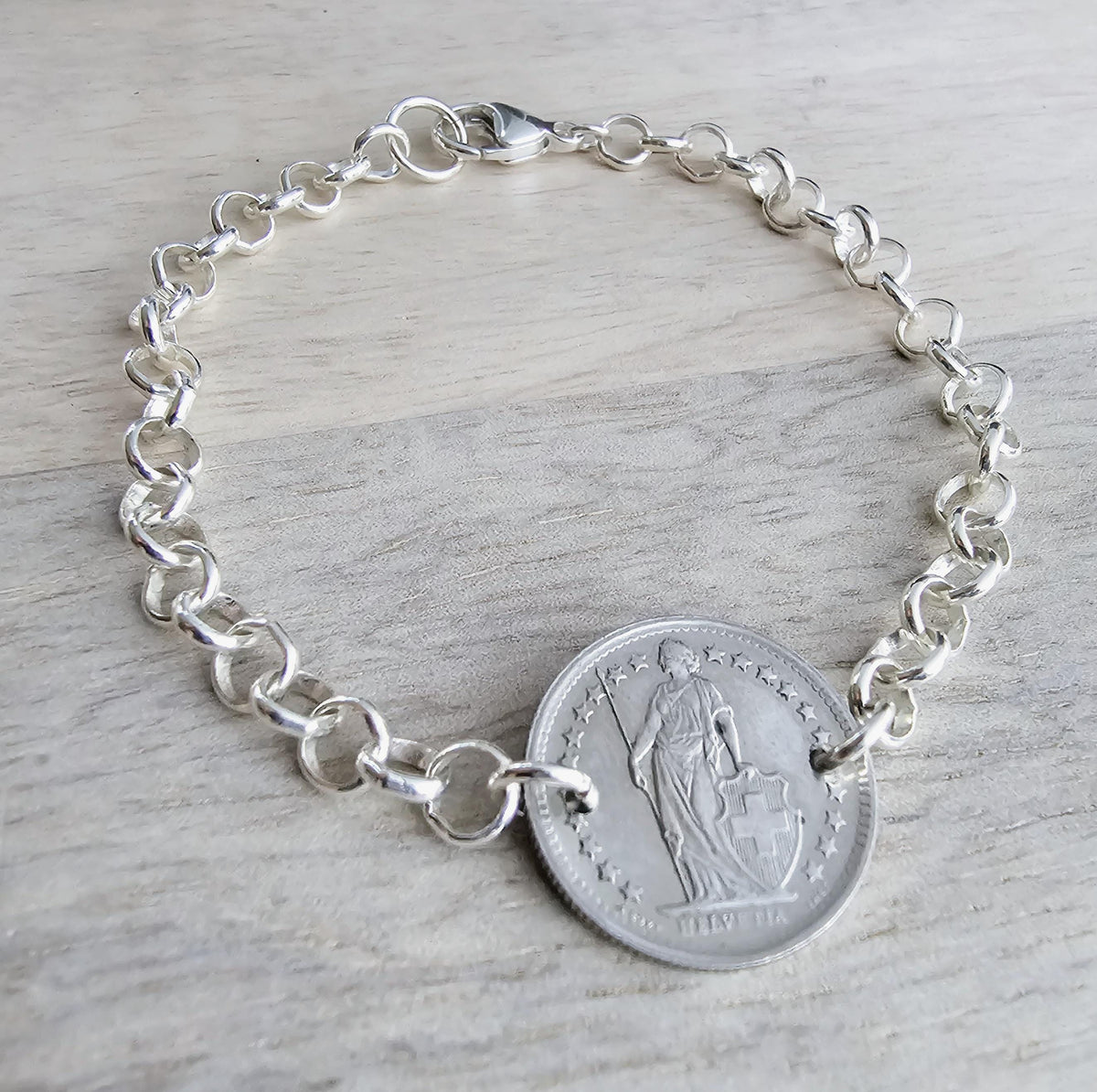 1968 Half Franc Swiss Coin Bracelet, Sterling Silver Rolo Chain, Lobster Claw Clasp, Gift Box, Switzerland Gift, Made in USA E. Ria Designs