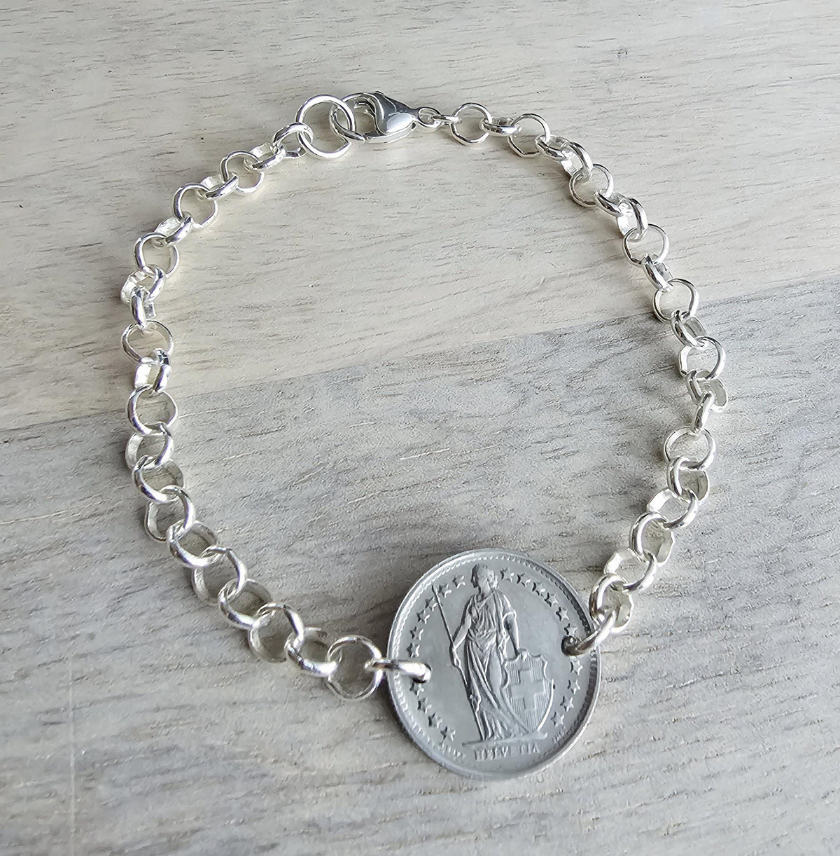 1968 Half Franc Swiss Coin Bracelet, Sterling Silver Rolo Chain, Lobster Claw Clasp, Gift Box, Switzerland Gift, Made in USA E. Ria Designs