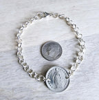 1968 Half Franc Swiss Coin Bracelet, Sterling Silver Rolo Chain, Lobster Claw Clasp, Gift Box, Switzerland Gift, Made in USA E. Ria Designs