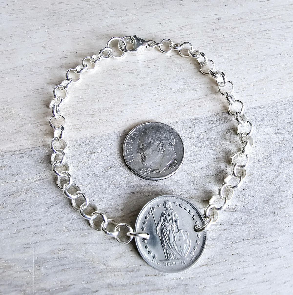 1968 Half Franc Swiss Coin Bracelet, Sterling Silver Rolo Chain, Lobster Claw Clasp, Gift Box, Switzerland Gift, Made in USA E. Ria Designs