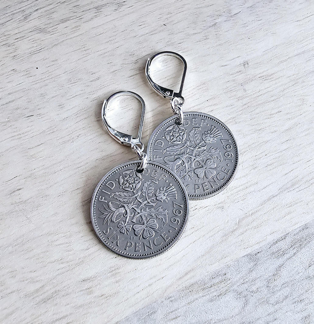 1967 British Six Pence Vintage Coin Earrings, Leek, Rose, Thistle, Shamrock,.925 Sterling Silver Lever Back, Made in USA, E. Ria Designs
