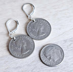 1967 British Six Pence Vintage Coin Earrings, Leek, Rose, Thistle, Shamrock,.925 Sterling Silver Lever Back, Made in USA, E. Ria Designs