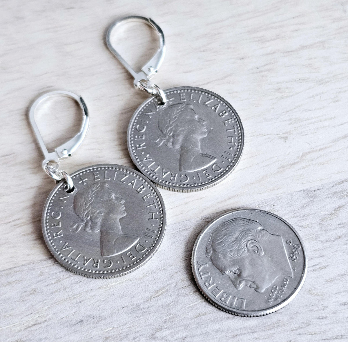 1967 British Six Pence Vintage Coin Earrings, Leek, Rose, Thistle, Shamrock,.925 Sterling Silver Lever Back, Made in USA, E. Ria Designs