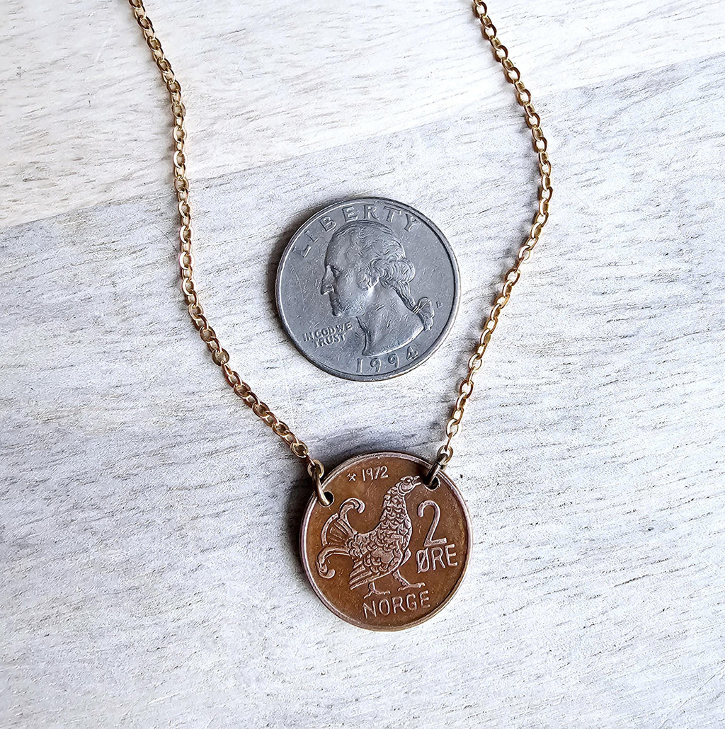 Chicken Coin Necklace, Crown Coin, Norway 2 Ore Moor Hen, Mint Dates Vary, Red Brass Cable Chain, Handmade Artisan Jewelry E. Ria Designs