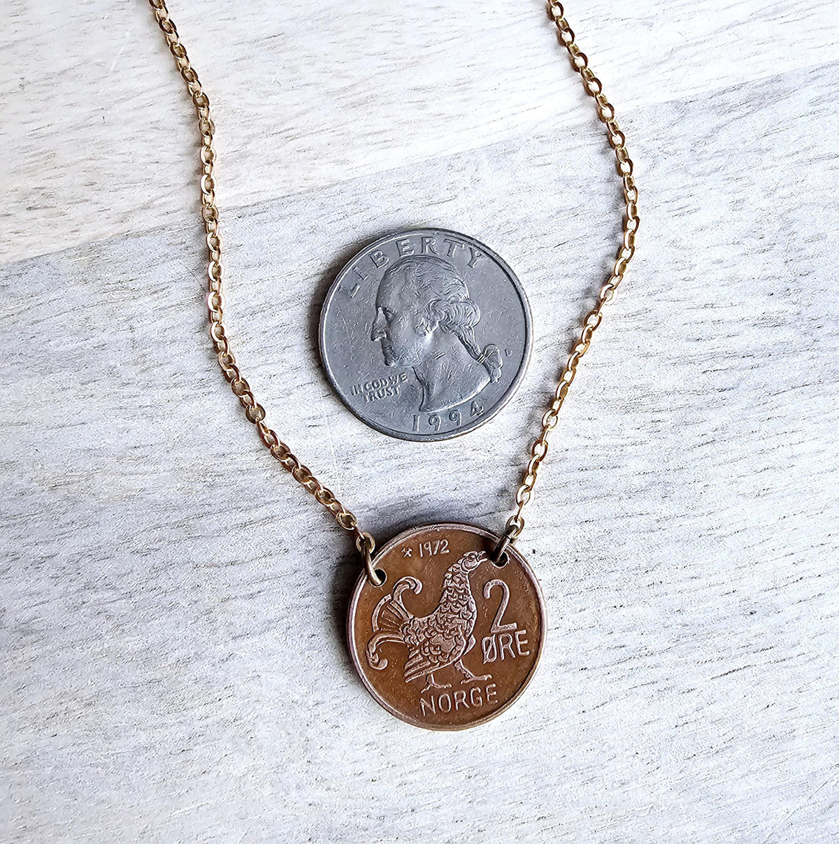 Chicken Coin Necklace, Crown Coin, Norway 2 Ore Moor Hen, Mint Dates Vary, Red Brass Cable Chain, Handmade Artisan Jewelry E. Ria Designs