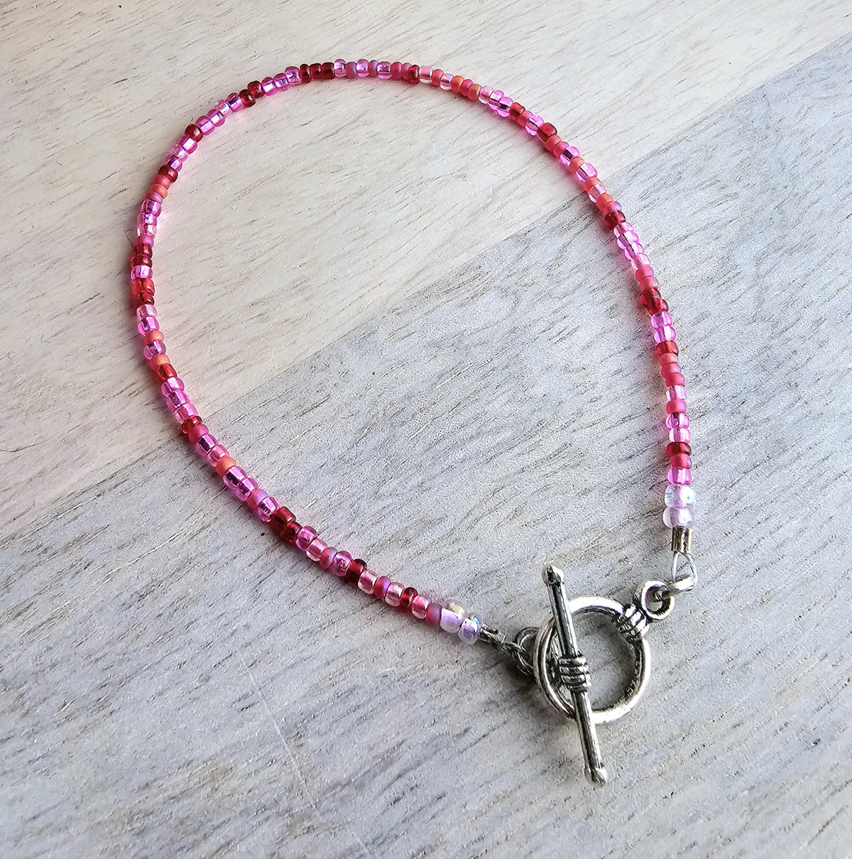 Hot Pink Fuchsia Glass Beaded Bracelet, Mixed Beads, Beach Aesthetic, Pewter Toggle Clasp, Gift Boxed, Made in USA, E. Ria Designs