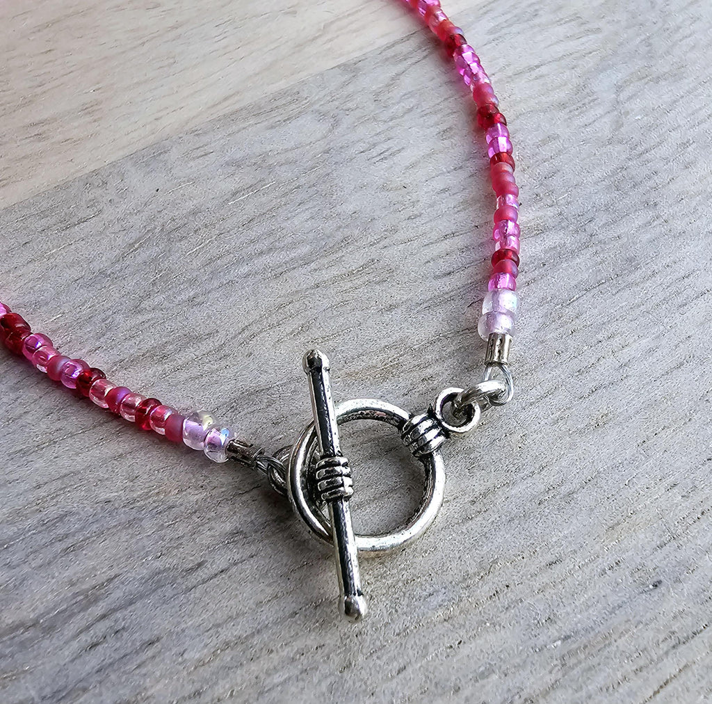 Hot Pink Fuchsia Glass Beaded Bracelet, Mixed Beads, Beach Aesthetic, Pewter Toggle Clasp, Gift Boxed, Made in USA, E. Ria Designs