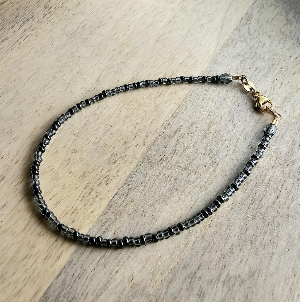 Charcoal Slate Gray Glass Beaded Bracelet, Mixed Bead, Beach Aesthetic, 14K Gold Filled Lobster Clasp, Gift Box, Made in USA, E. Ria Designs