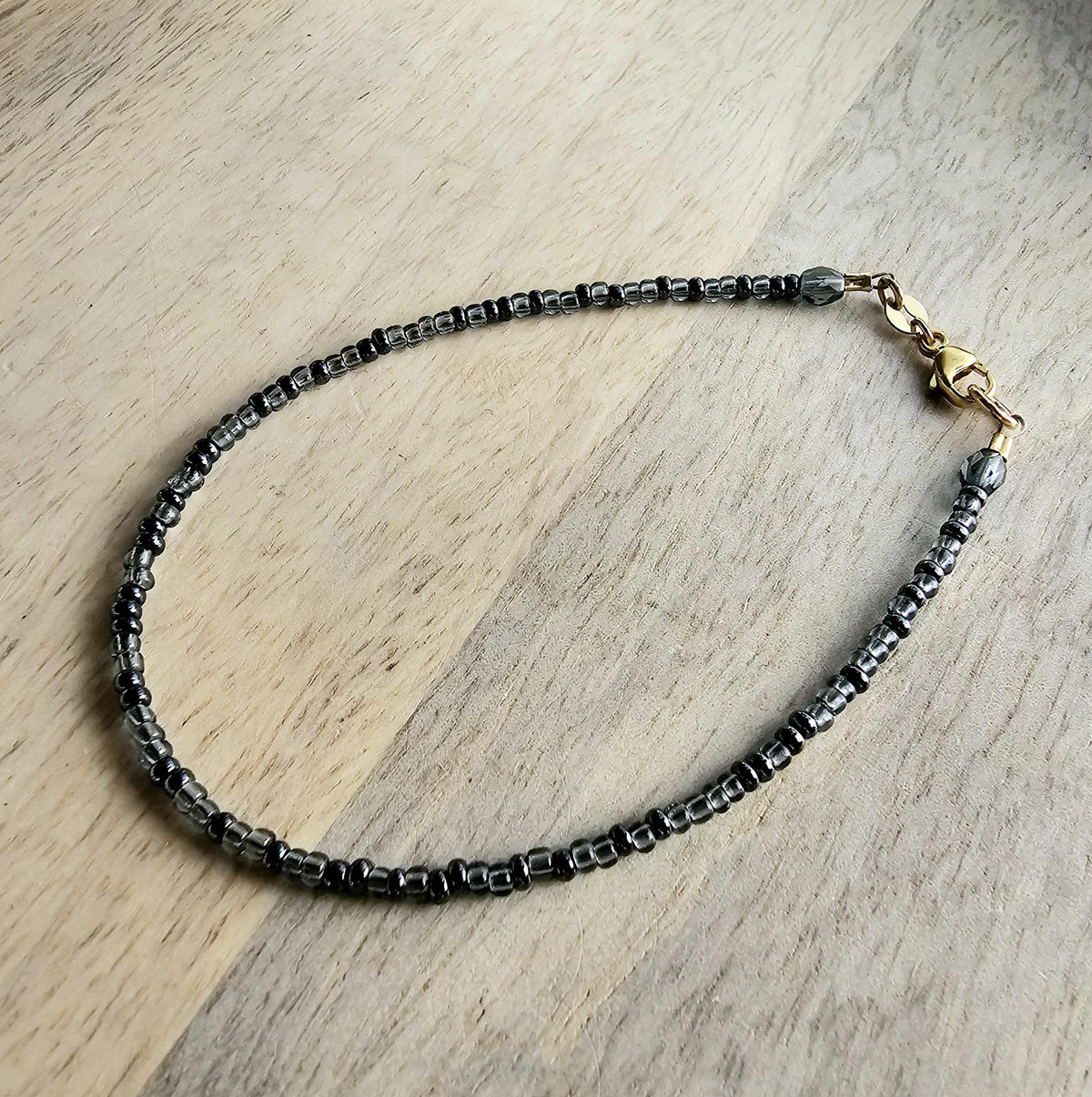 Charcoal Slate Gray Glass Beaded Bracelet, Mixed Bead, Beach Aesthetic, 14K Gold Filled Lobster Clasp, Gift Box, Made in USA, E. Ria Designs