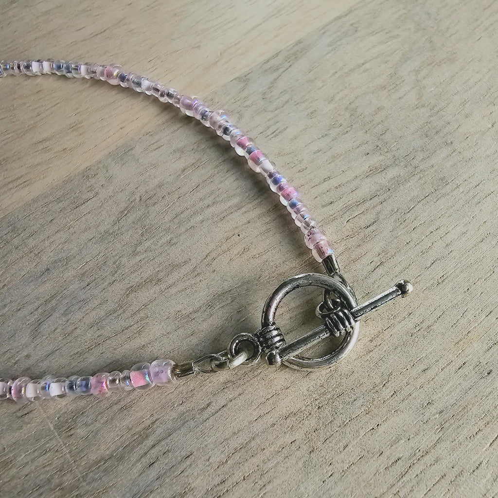 Light Pink, Lavender Purple Glass Beaded Bracelet, Mixed Beads, Beach Aesthetic, Pewter Toggle Clasp, Gift Box, Made in USA, E. Ria Designs