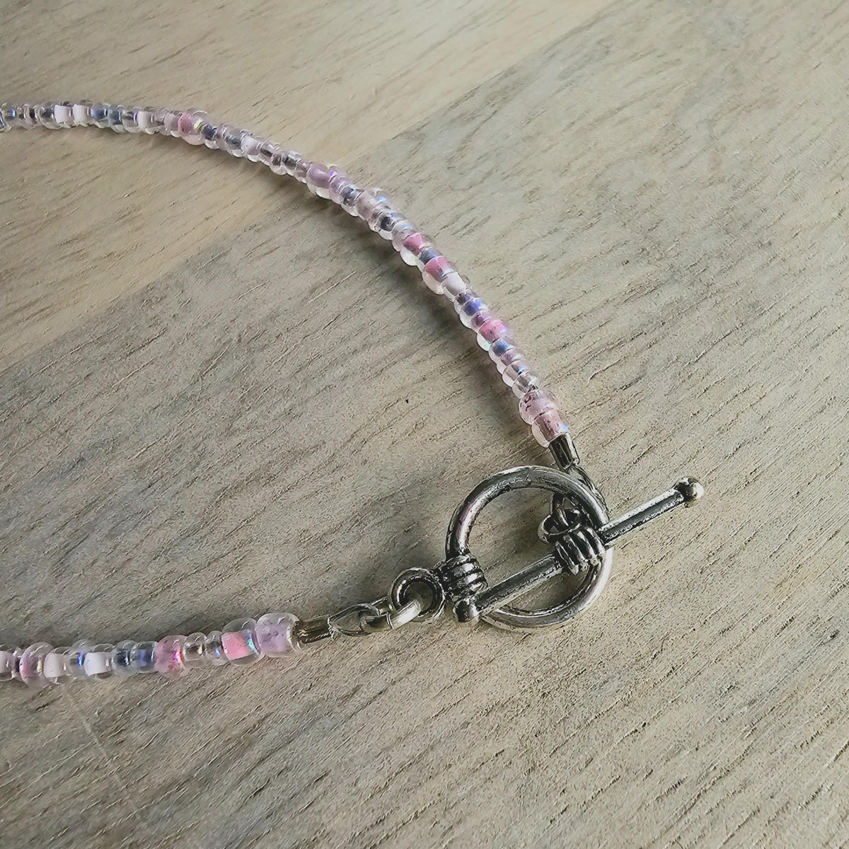 Light Pink, Lavender Purple Glass Beaded Bracelet, Mixed Beads, Beach Aesthetic, Pewter Toggle Clasp, Gift Box, Made in USA, E. Ria Designs