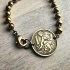Gardener Coin Bracelet, Female Farmer, Antiqued Chunky Brass Ball Chain, Lobster Claw Clasp, Vintage Czechoslovakia 1 Koruna, Dates Vary