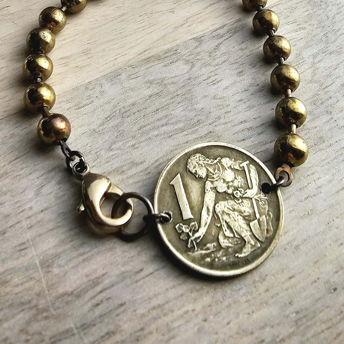 Gardener Coin Bracelet, Female Farmer, Antiqued Chunky Brass Ball Chain, Lobster Claw Clasp, Vintage Czechoslovakia 1 Koruna, Dates Vary