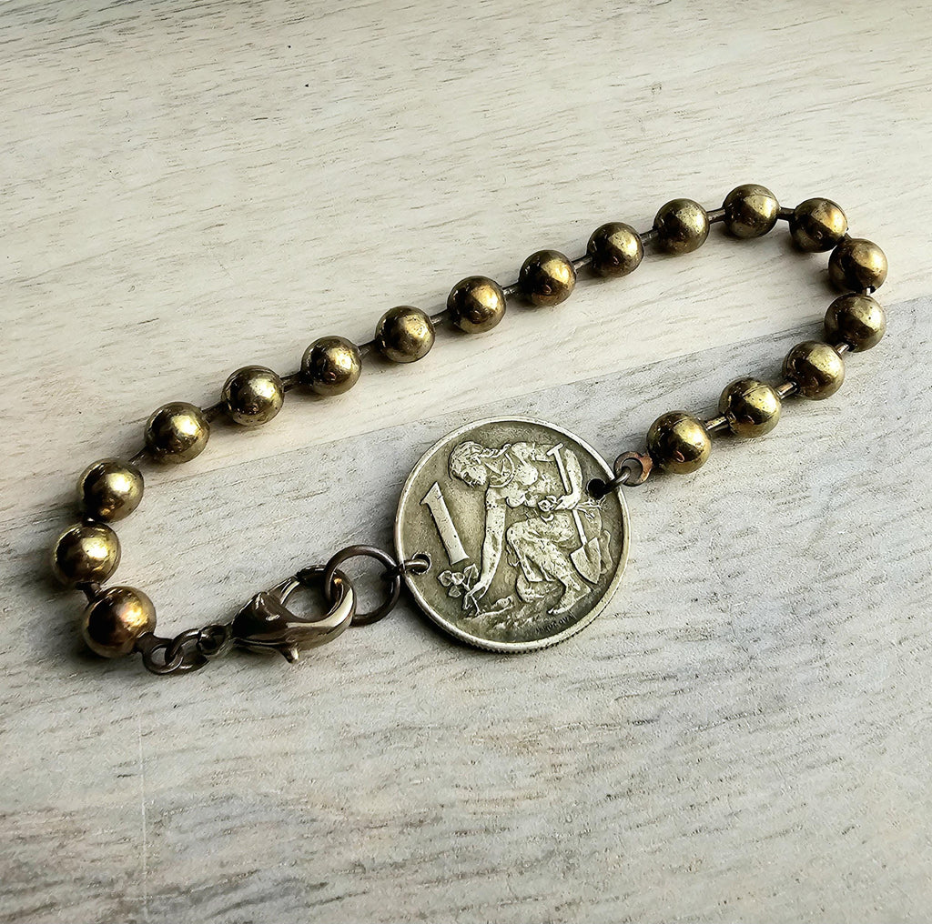 Gardener Coin Bracelet, Female Farmer, Antiqued Chunky Brass Ball Chain, Lobster Claw Clasp, Vintage Czechoslovakia 1 Koruna, Dates Vary