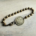 Gardener Coin Bracelet, Female Farmer, Antiqued Chunky Brass Ball Chain, Lobster Claw Clasp, Vintage Czechoslovakia 1 Koruna, Dates Vary