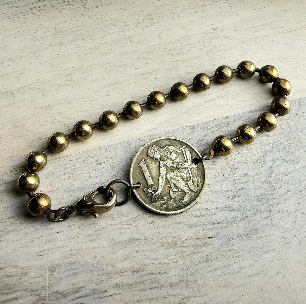 Gardener Coin Bracelet, Female Farmer, Antiqued Chunky Brass Ball Chain, Lobster Claw Clasp, Vintage Czechoslovakia 1 Koruna, Dates Vary