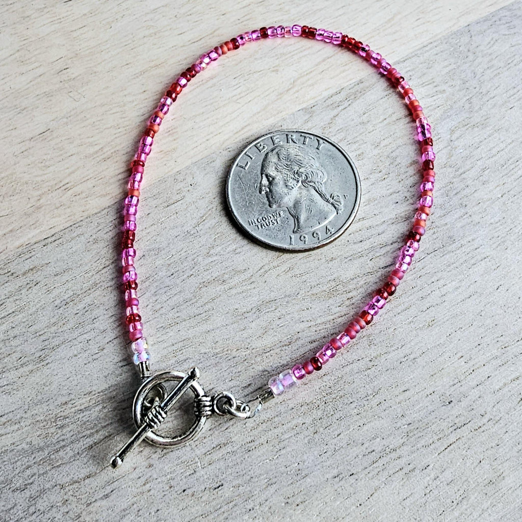 Hot Pink Fuchsia Glass Beaded Bracelet, Mixed Beads, Beach Aesthetic, Pewter Toggle Clasp, Gift Boxed, Made in USA, E. Ria Designs