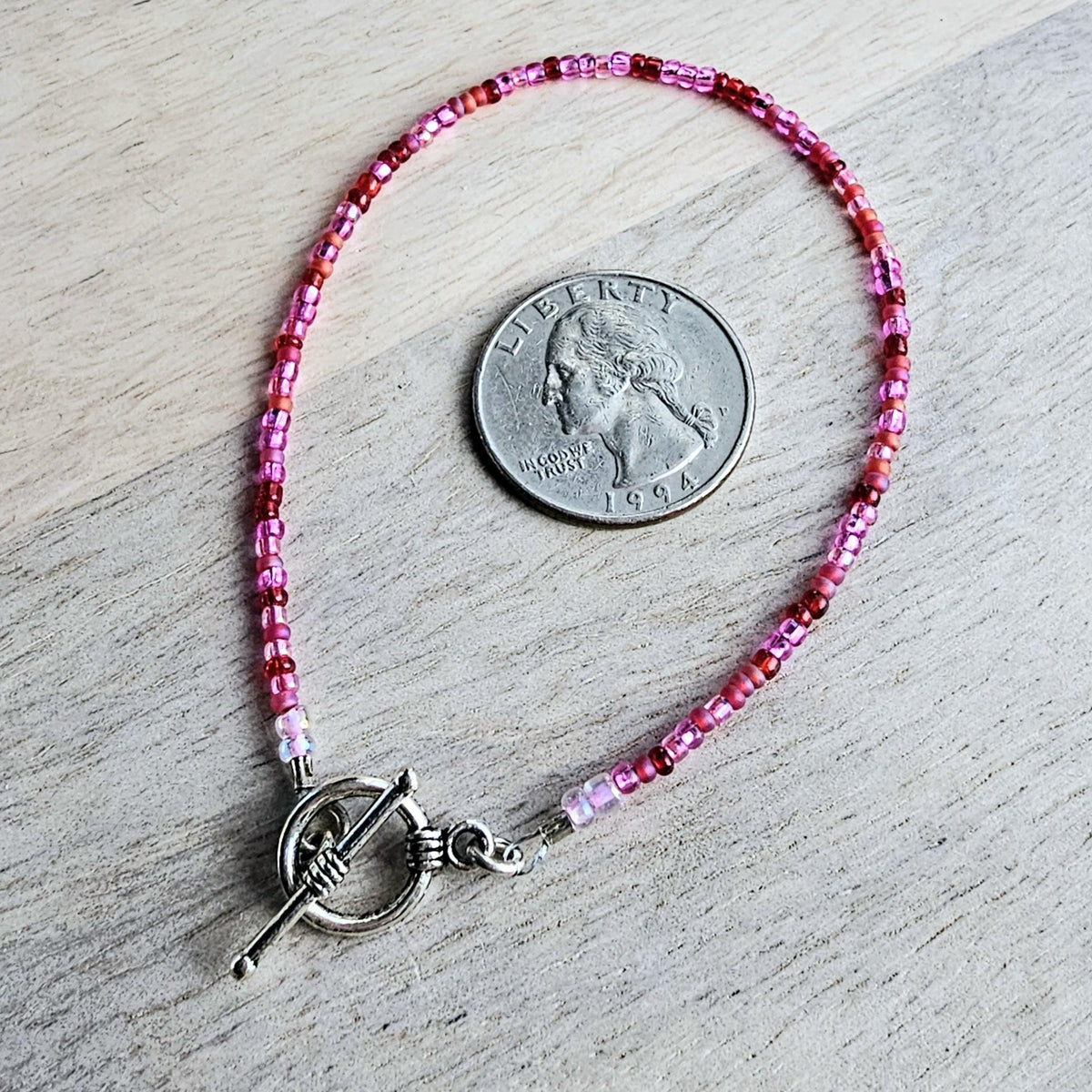 Hot Pink Fuchsia Glass Beaded Bracelet, Mixed Beads, Beach Aesthetic, Pewter Toggle Clasp, Gift Boxed, Made in USA, E. Ria Designs