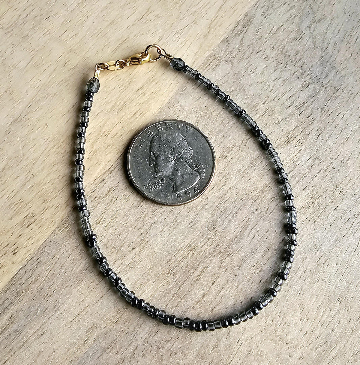 Charcoal Slate Gray Glass Beaded Bracelet, Mixed Bead, Beach Aesthetic, 14K Gold Filled Lobster Clasp, Gift Box, Made in USA, E. Ria Designs