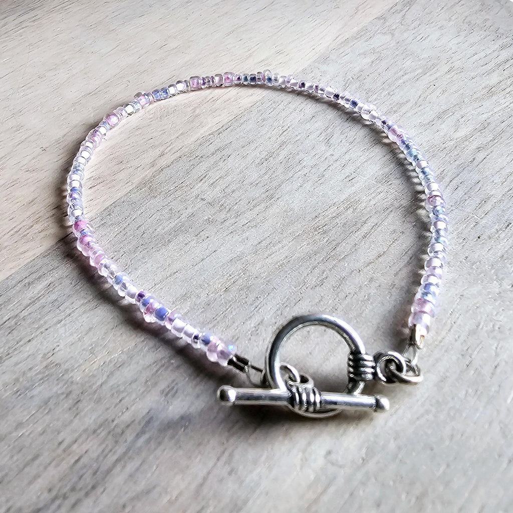 Light Pink, Lavender Purple Glass Beaded Bracelet, Mixed Beads, Beach Aesthetic, Pewter Toggle Clasp, Gift Box, Made in USA, E. Ria Designs