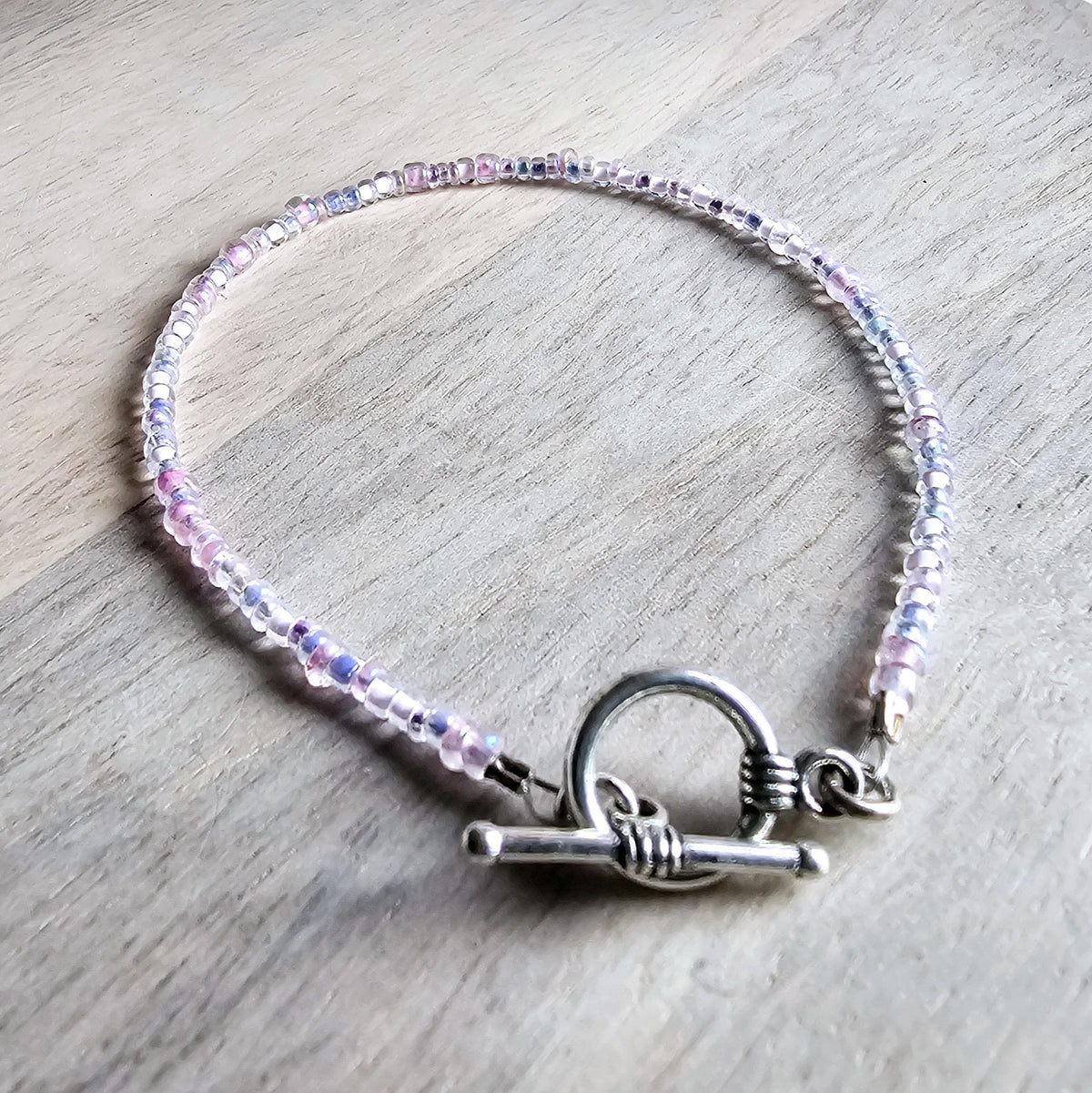 Light Pink, Lavender Purple Glass Beaded Bracelet, Mixed Beads, Beach Aesthetic, Pewter Toggle Clasp, Gift Box, Made in USA, E. Ria Designs