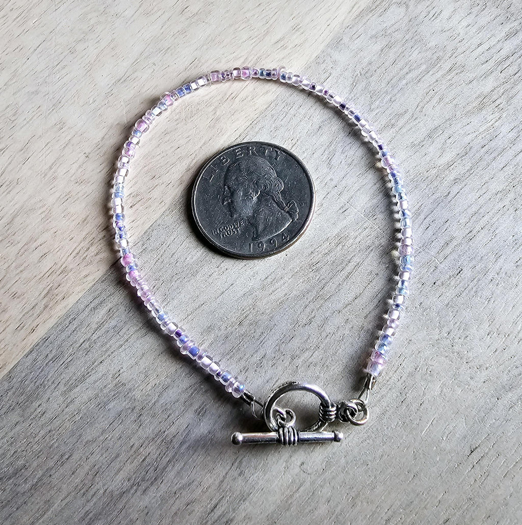 Light Pink, Lavender Purple Glass Beaded Bracelet, Mixed Beads, Beach Aesthetic, Pewter Toggle Clasp, Gift Box, Made in USA, E. Ria Designs