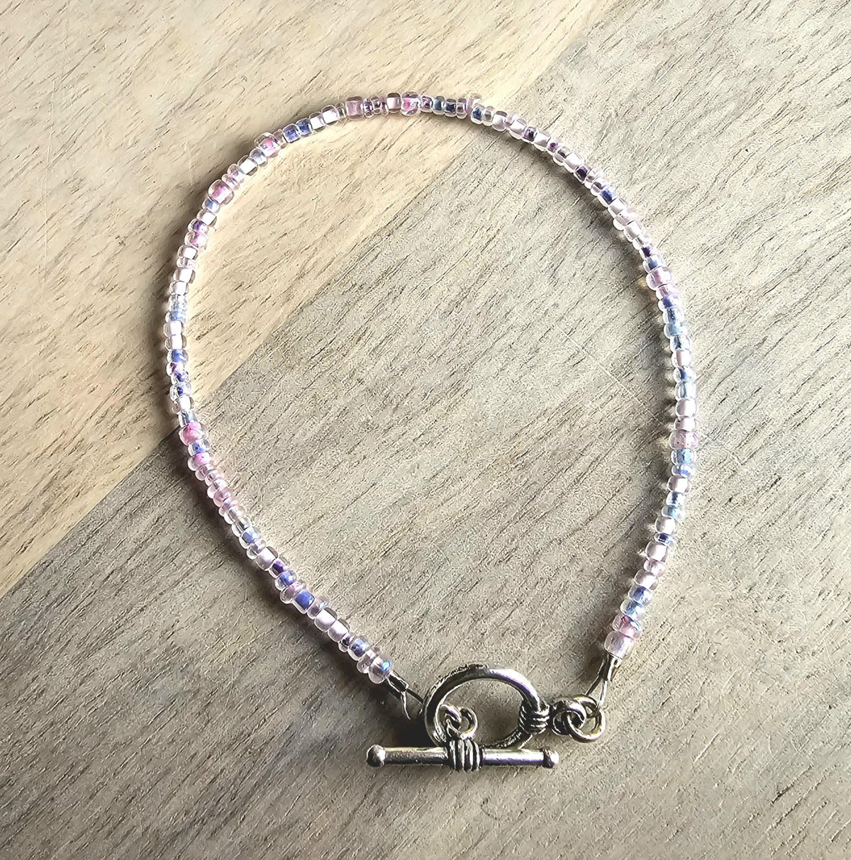 Light Pink, Lavender Purple Glass Beaded Bracelet, Mixed Beads, Beach Aesthetic, Pewter Toggle Clasp, Gift Box, Made in USA, E. Ria Designs