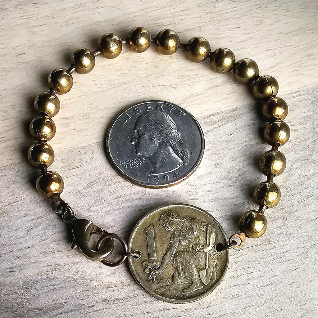 Gardener Coin Bracelet, Female Farmer, Antiqued Chunky Brass Ball Chain, Lobster Claw Clasp, Vintage Czechoslovakia 1 Koruna, Dates Vary