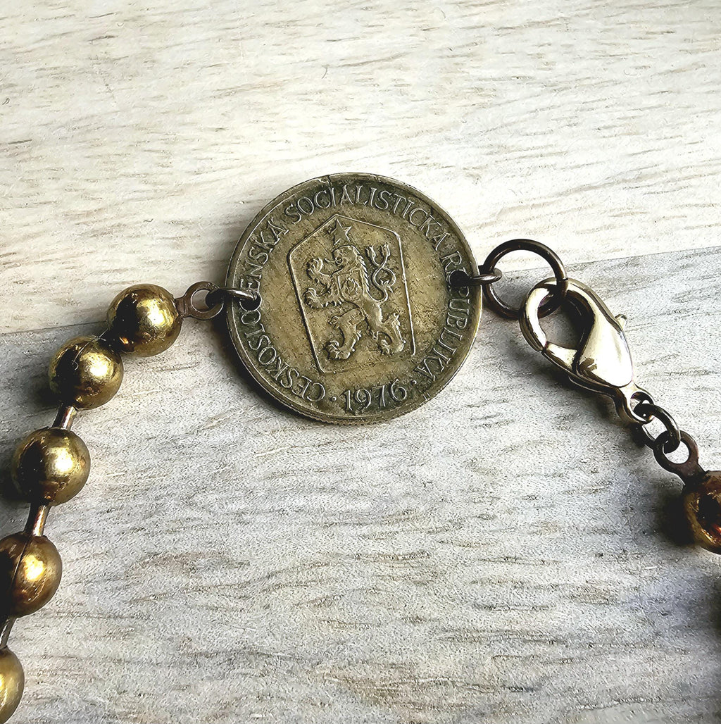 Gardener Coin Bracelet, Female Farmer, Antiqued Chunky Brass Ball Chain, Lobster Claw Clasp, Vintage Czechoslovakia 1 Koruna, Dates Vary